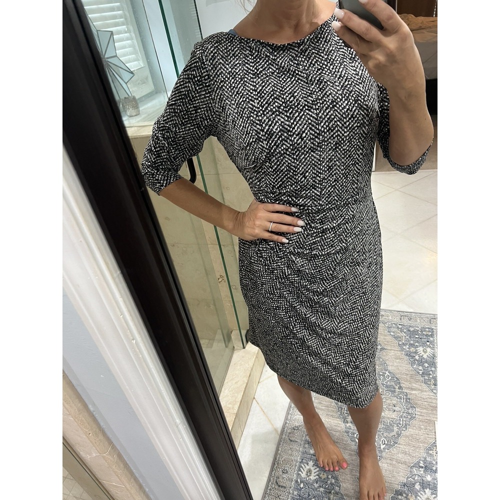 Lauren Ralph Lauren Ruched Herringbone Jersey Social Dress 12 Gray White Black